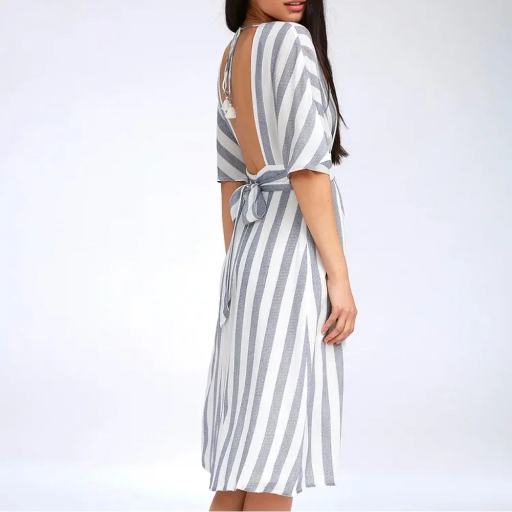 Lulu’s Pier of Influence Blue White Striped Midi Dress Guaze Open Back-XS - Picture 2 of 11